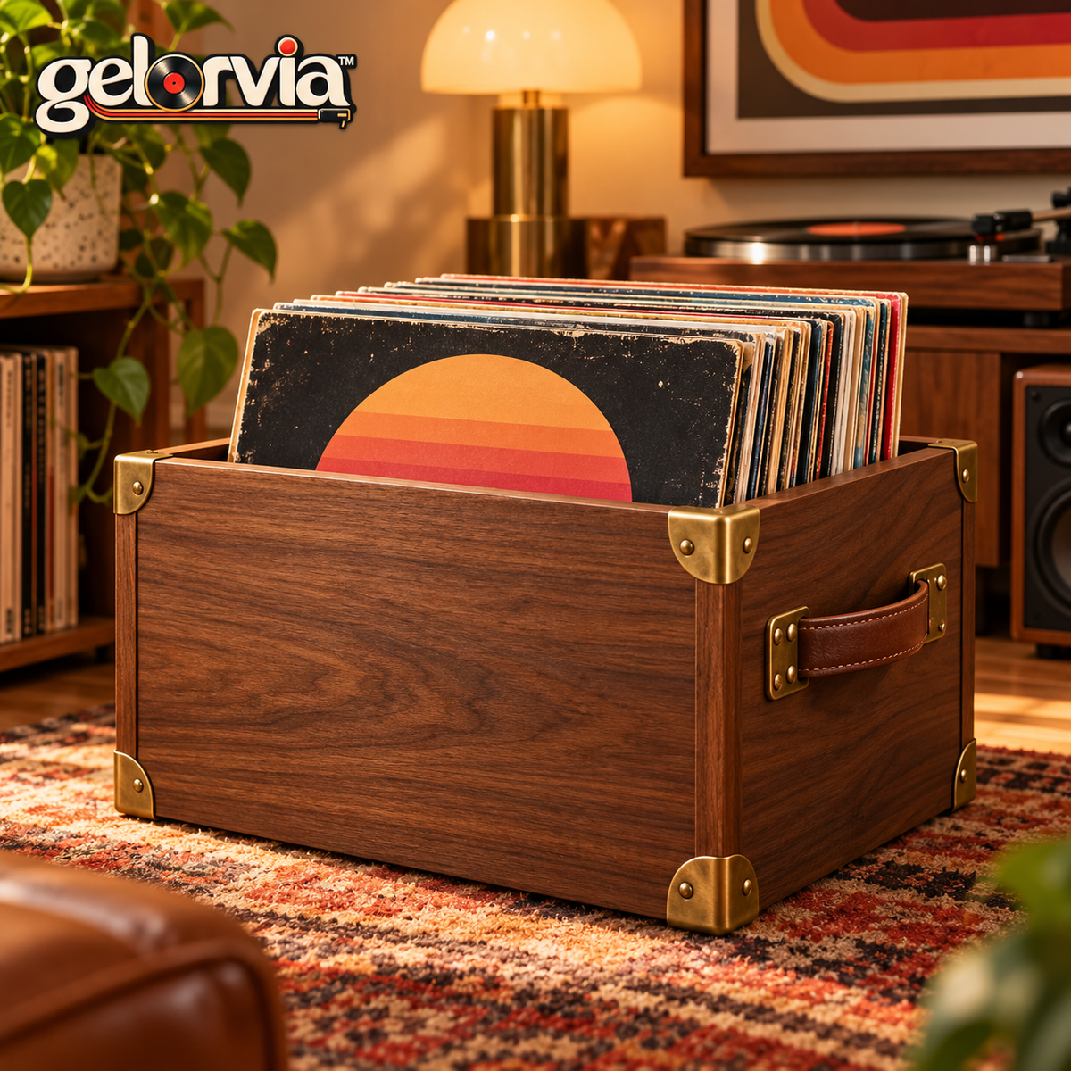 Vintage Walnut-Look Vinyl Record Storage Crate — view 1