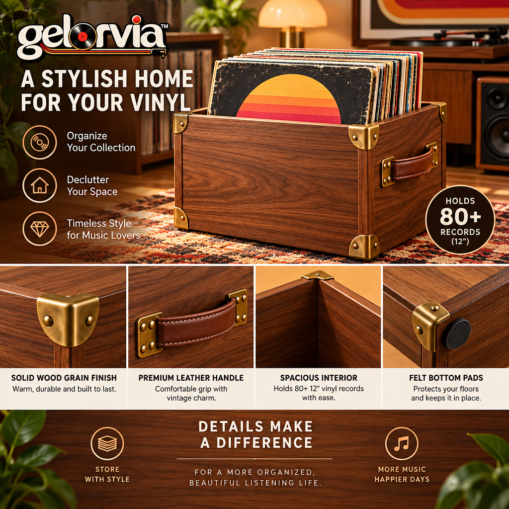 Vintage Walnut-Look Vinyl Record Storage Crate — view 2