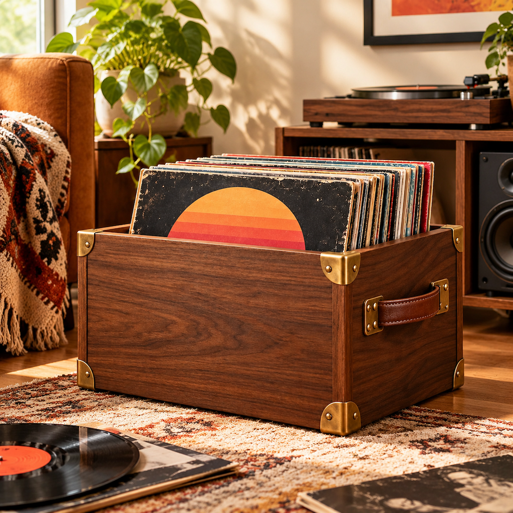 Vintage Walnut-Look Vinyl Record Storage Crate — view 3