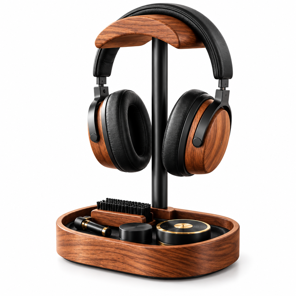Walnut-Look Headphone Stand with Accessory Tray — view 2
