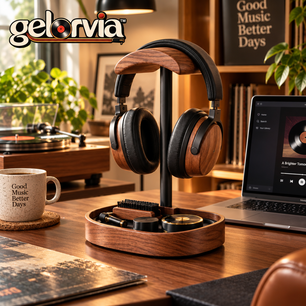 Walnut-Look Headphone Stand with Accessory Tray — view 3