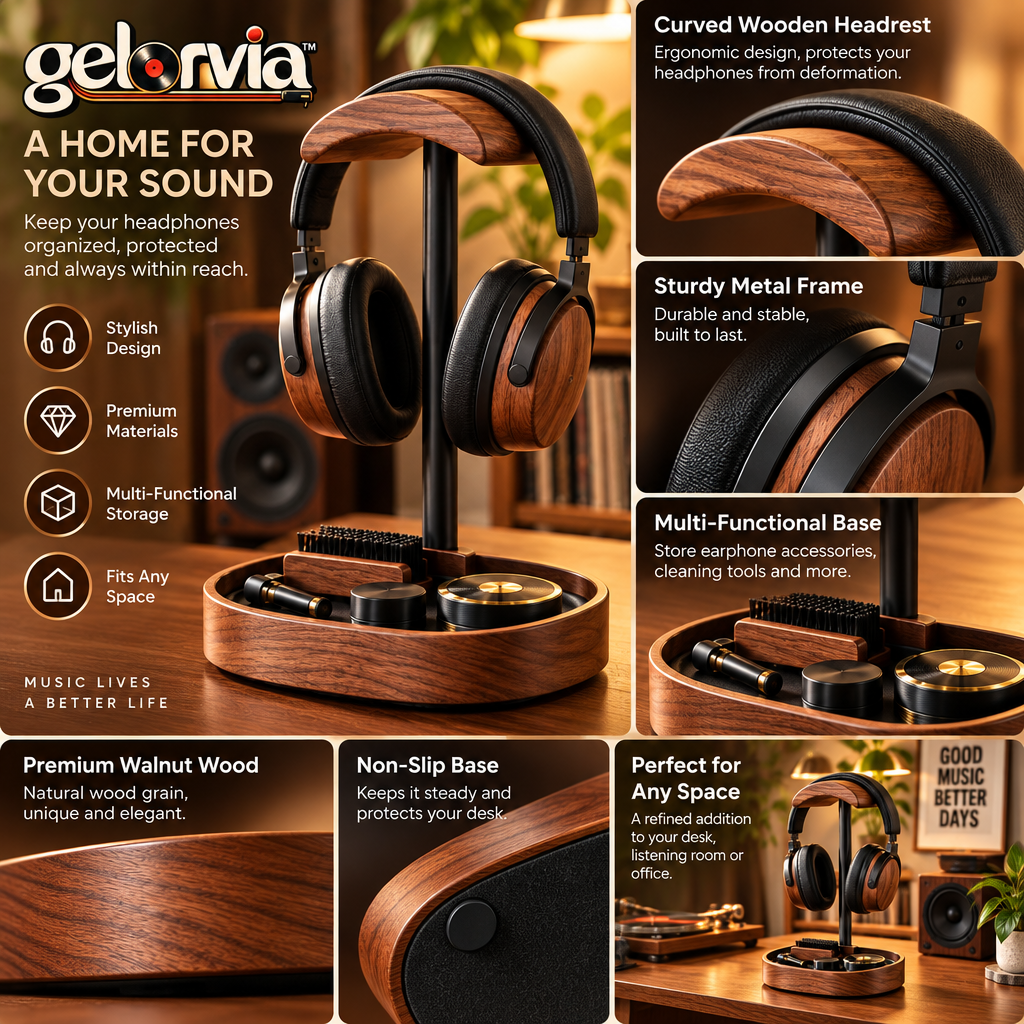 Walnut-Look Headphone Stand with Accessory Tray — view 4