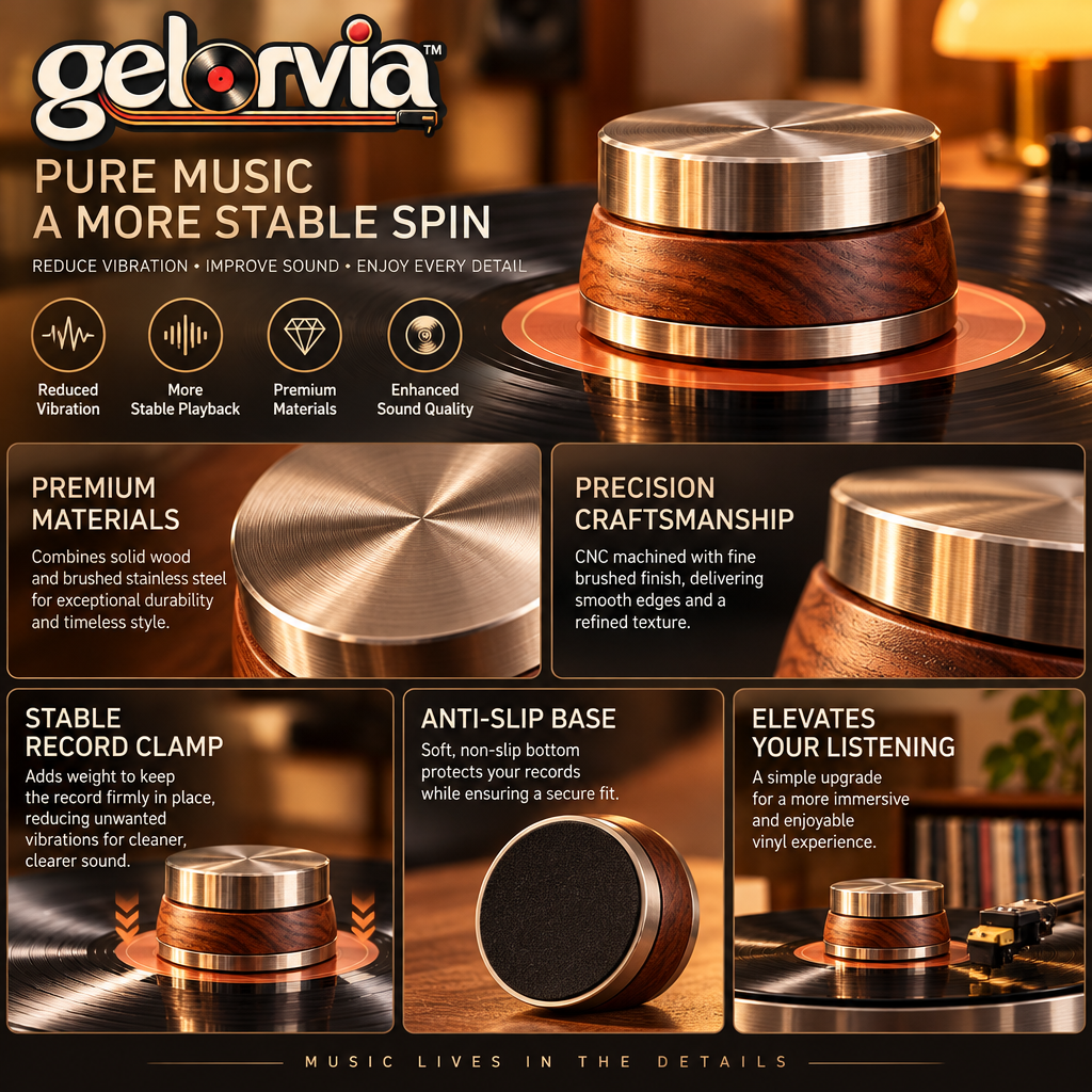 Retro Wood & Brass-Tone Record Stabilizer Weight — view 3