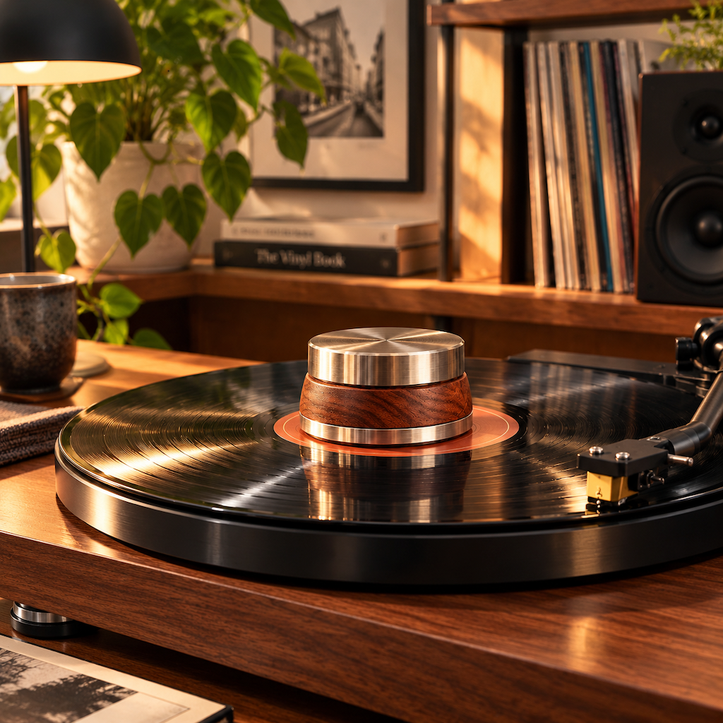 Retro Wood & Brass-Tone Record Stabilizer Weight — view 4